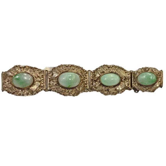 Vintage Chinese Export Silver Jadeite Bracelet Filigree Scrollwork Art Deco - Picture 4 of 8
